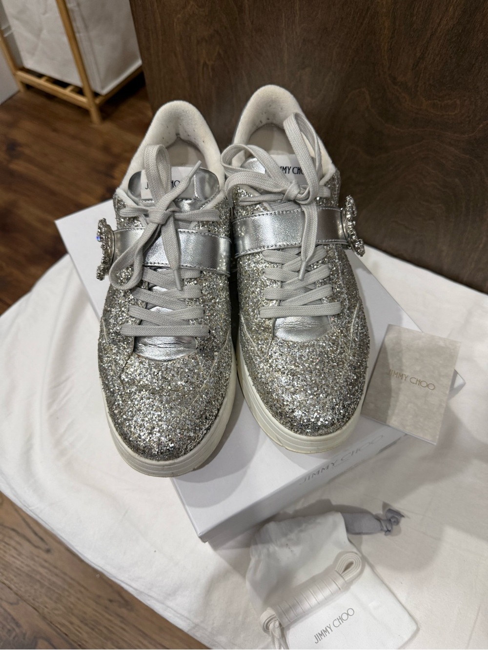 Jimmy Choo Silver Glitter Platform Sneakers with Crystal Buckles